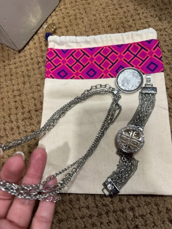 Silver Tone Pendant Necklace and Chain Bracelet Set - Black Accent - Picture 7 of 10